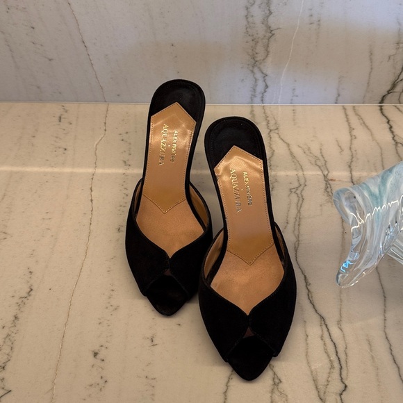 Aquazzura Shoes - AQUAZZURA Alex Rivière 85 Black Suede Peep-toe Mules 35/5 (actual photos soon)